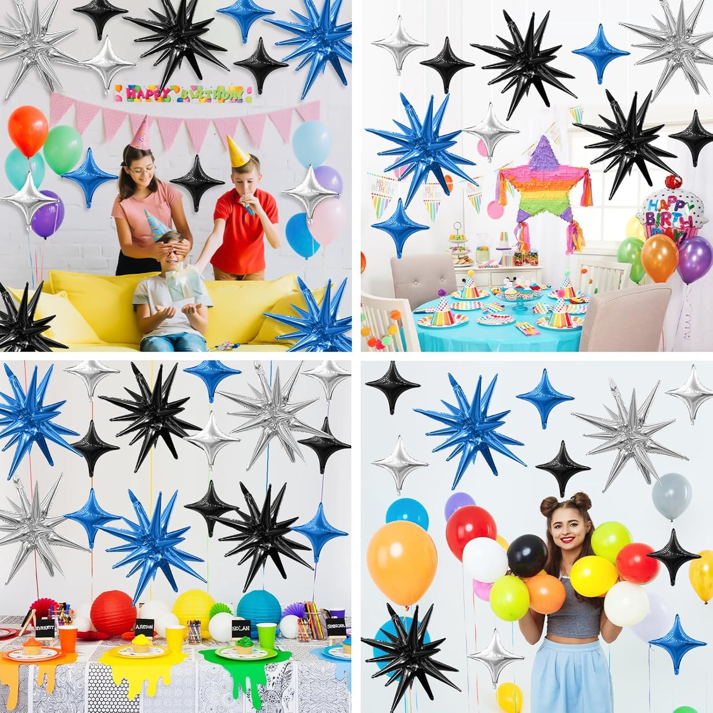 Black Blue Silver Star Balloons,Explosion Star Balloons Kit with 6Pcs 22Inch Cone Star Foil Balloons and 10Pcs 10Inch Four Pointed Star Balloons for Birthday Anniversary Disco Party Decorations
