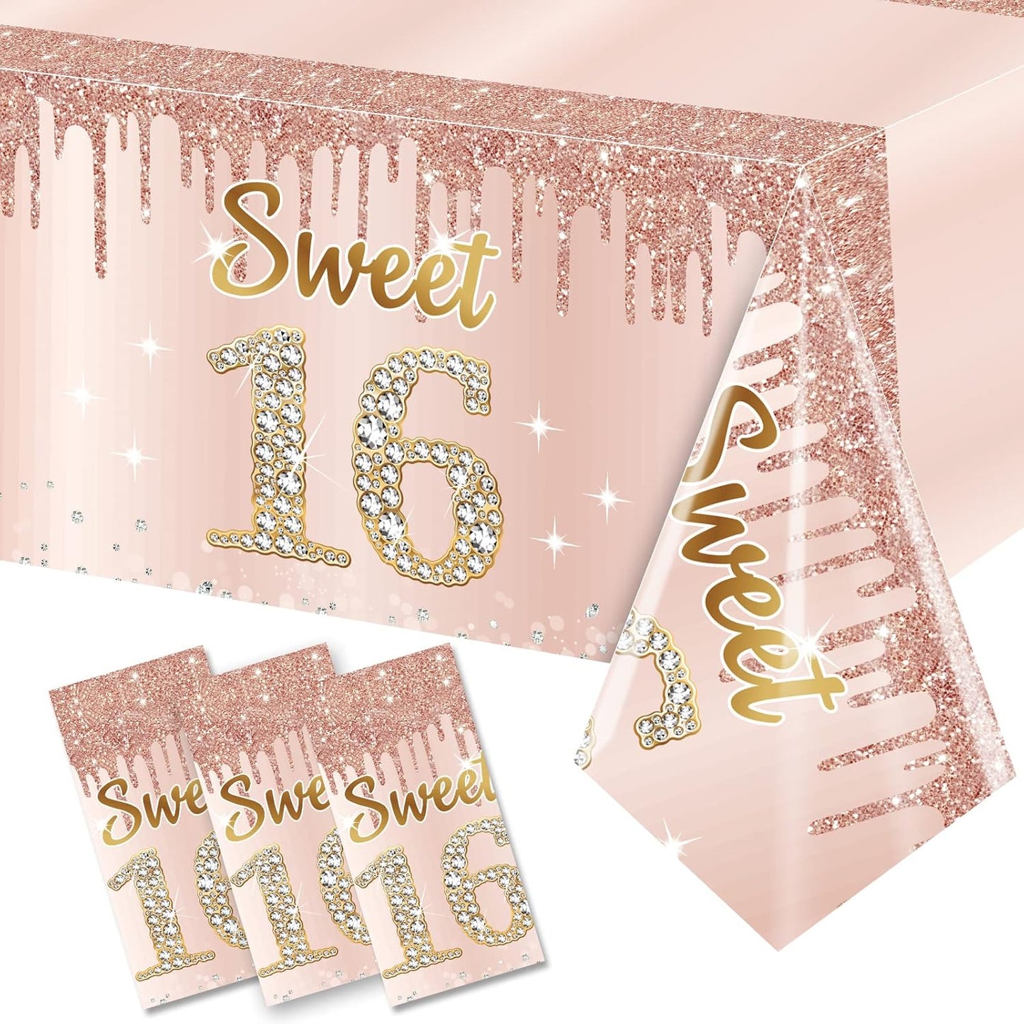 Sweet 16 Pink Rose Gold Birthday Tablecloth Decorations - 3 Pack, Sixteen Year Plastic Disposable Rectangular Table Cloth Decor