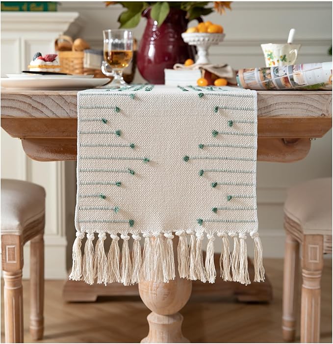 Boho Table Runner 13 x 90 Inch Long Natural Cotton Woven Runner with Tassels for Home Dining Table décor, for Modern Farmhouse Decor Coffee Table Runner, Green and Beige