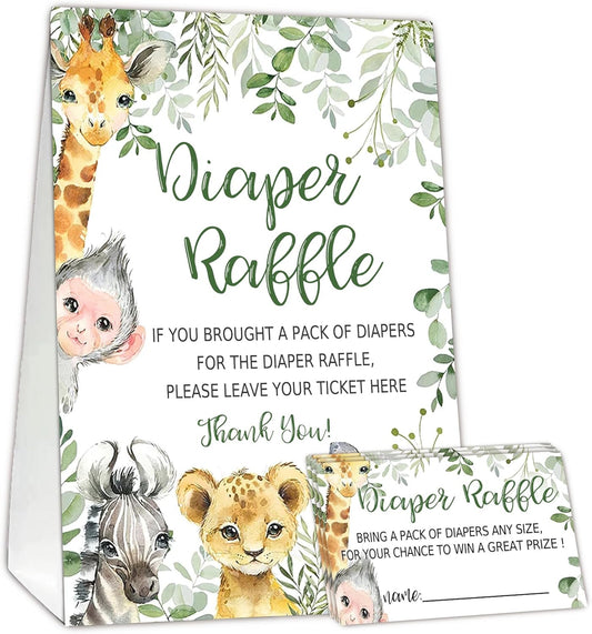 Jungle Animals Diaper Raffle Tickets for Baby Shower Game, 1 Standing Sign(5 * 7 Inch) & 50 Guessing Cards for Baby Shower Party Decoration