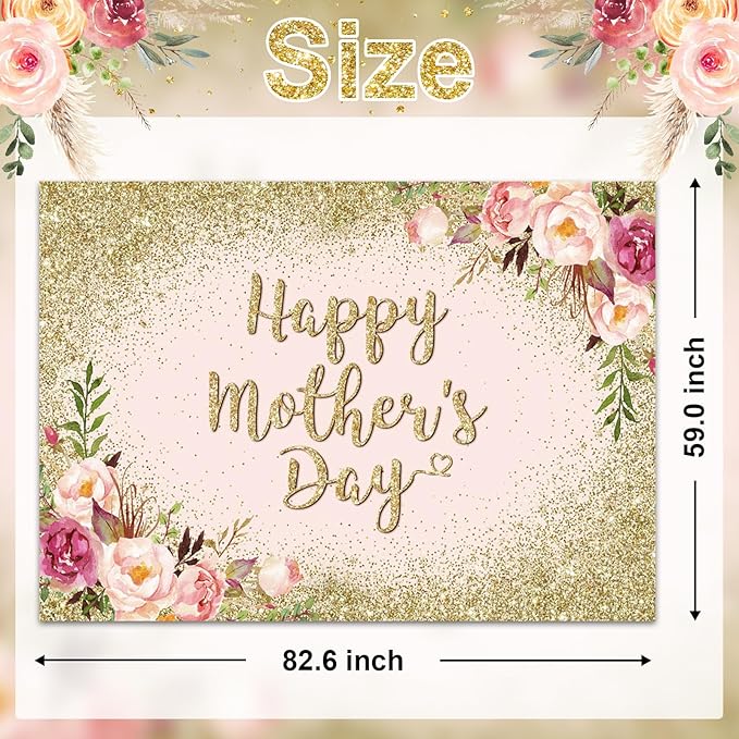 Avezano 7x5ft Happy Mother's Day Backdrop Glitter Gold Pink Floral Happy Mothers Day Party Decorations Banner Mothers Day Photography Background Photo Booth Props (7x5ft)