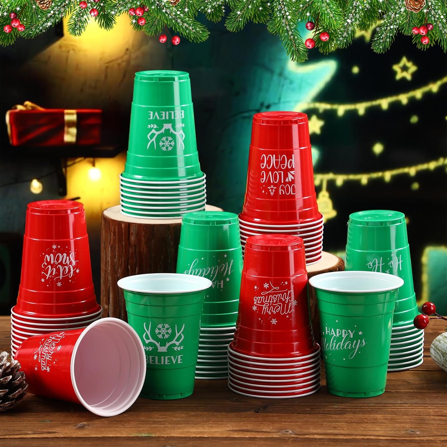 Sliner 60 Pcs 16 oz Christmas Plastic Disposable Cups Bulk Snowflake Elk Star Christmas Tree Drinking Cups for Xmas Birthday Party Supplies