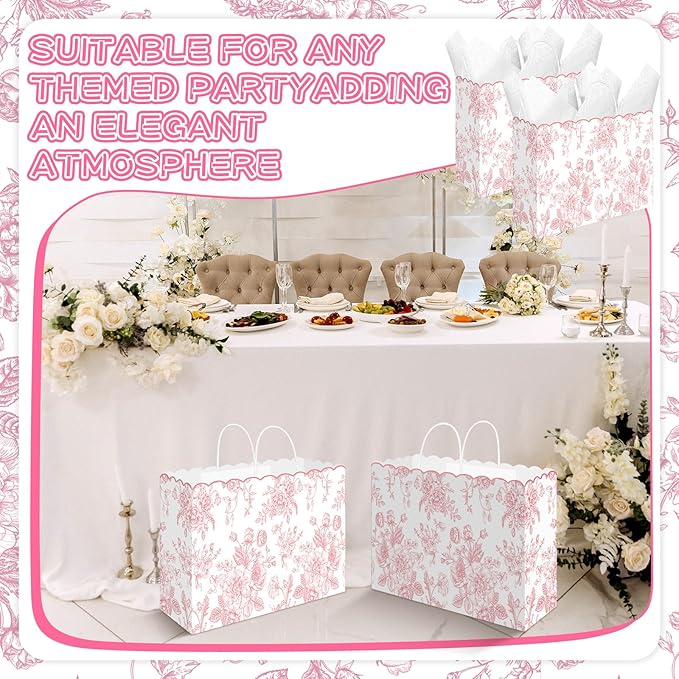 Kolldenn 24 Pcs Pink Floral Party Favor Bags with Handles 16 x 6 x 12 Inch Extra Large Scalloped Wildflower Goodie Candy Gift Treat Bags for Birthday Decoration for Bridal Baby Shower Party Supplie