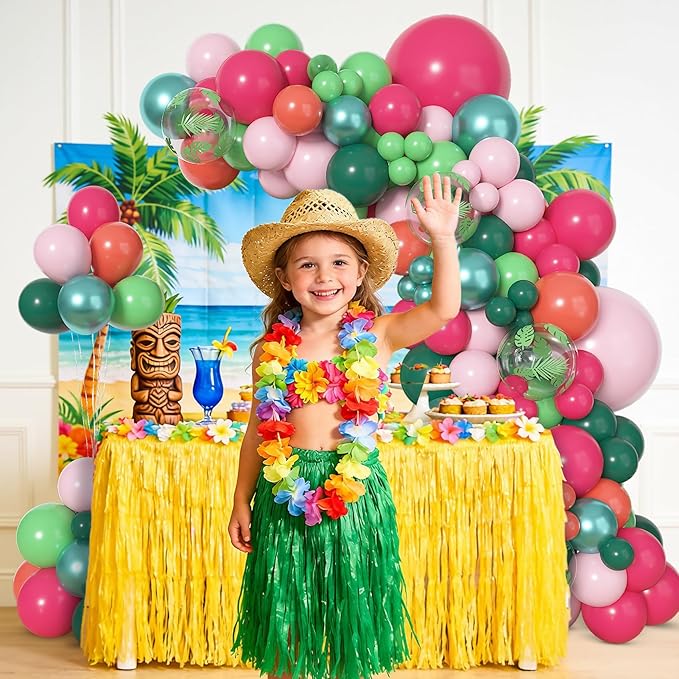 Amandir 153pcs Tropical Balloon Arch Kit, Different Sizes 18 12 10 5 inch Hot Pink Green Orange Palm Leaves Hawaiian Luau Balloons for Summer Aloha Flamingo Birthday Shower Beach Party Decorations