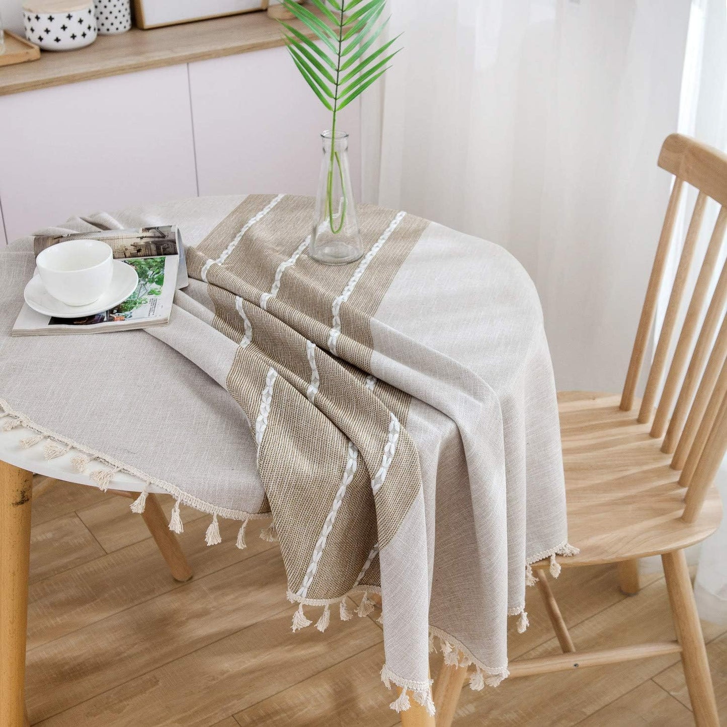 Heavy Weight Cotton Linen Tablecloth - Round 60 Inch Tablecloth - Tassel Stitching Table Cover for Kitchen Dining Room Tabletop Decoration - Beige