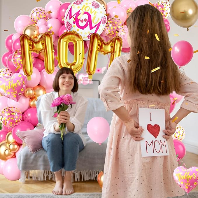 Mother's Day Balloon Arch, Hot Pink metallic Gold Balloon Garland Kit with Large Mom Foil Balloons, Pink Mother Heart Foil Balloons for Mom's Day Party Decorations