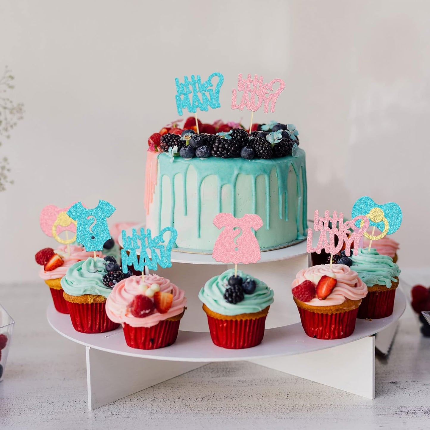 24Pcs Boy or Girl Cupcake Toppers Glitter Gender Reveal Onesie Question Mark Cupcake Picks Little Man or Little Lady Baby Shower Cake Decorations for Kids Birthday Gender Reveal Party Cake Decoration