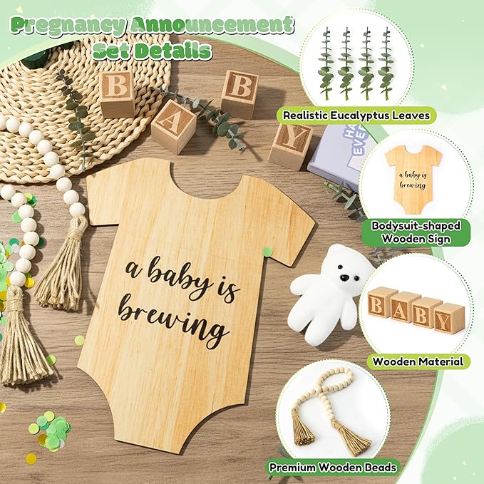 12Pcs Pregnancy Announcement Set Pregnancy Reveal Ideas Include Wooden Sign Beads Garland Wood Blocks Eucalyptus Leaves and Bear Coming Soon Baby Announcement Props for Grandparents Dad Husband Family