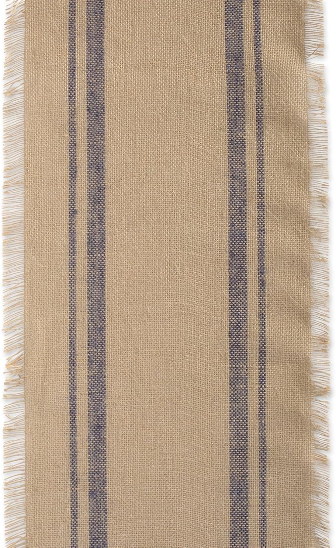 DII Jute Burlap Collection Kitchen Tabletop, Table Runner, 14x72, Double Border Blue