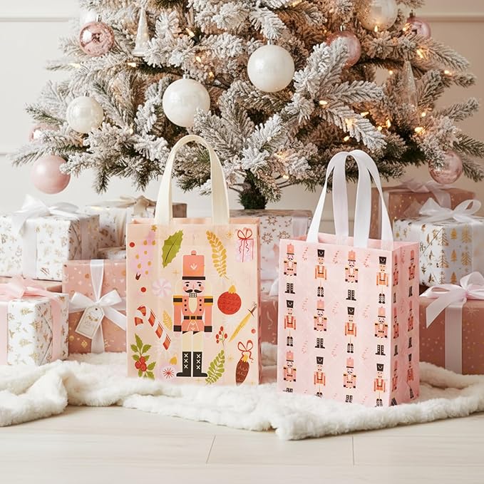 Wovnet 30 Pcs Christmas Bags Bulk Pink Nutcracker Merchandise Gift Bags with Handles Reusable Non Woven Tote Shopping Goodie Pouch for Xmas Party Favors 10 x 8 x 4in