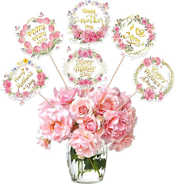 18 PCS Happy Mother's Day Centerpiece Sticks Double Sided Love Mother Best Mom Table Centerpieces for Happy Mother's Day Theme Table Flower Decorations Women Birthday Party Centerpieces Supplies