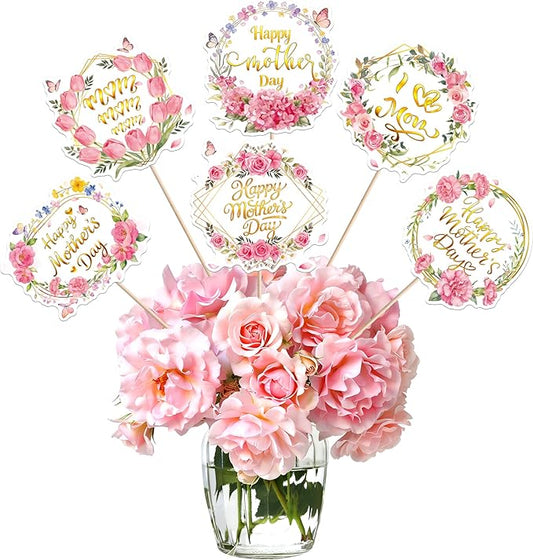18 PCS Happy Mother's Day Centerpiece Sticks Double Sided Love Mother Best Mom Table Centerpieces for Happy Mother's Day Theme Table Flower Decorations Women Birthday Party Centerpieces Supplies
