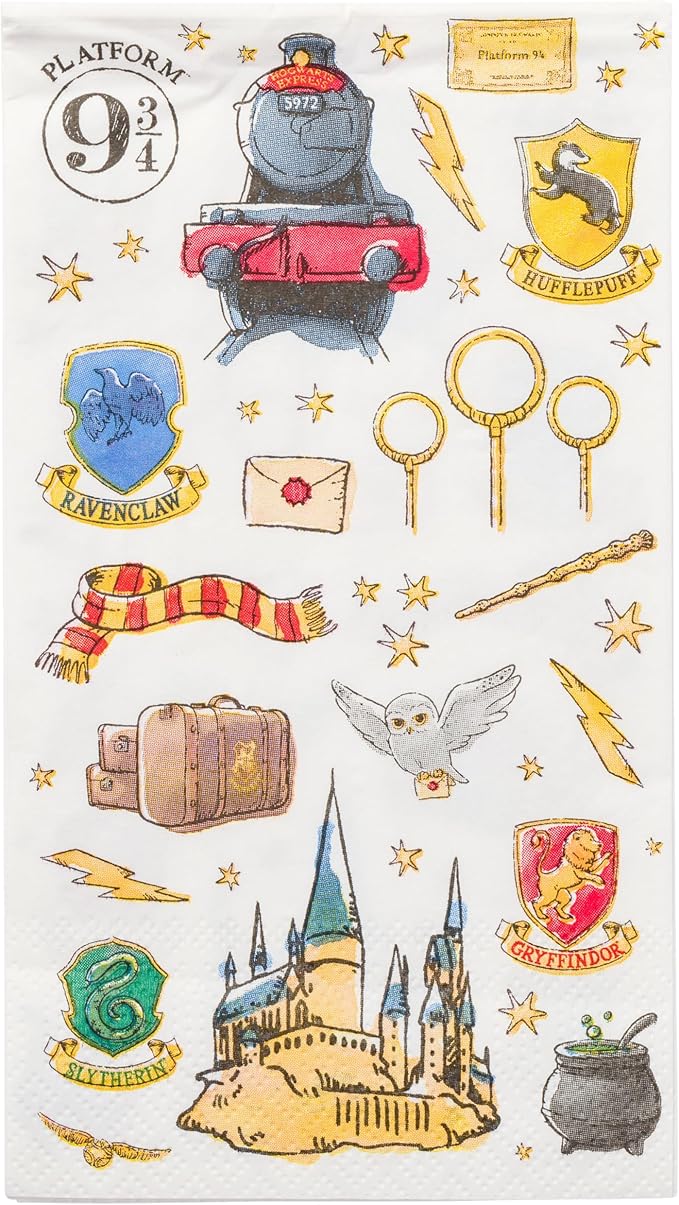 Silver Buffalo Harry Potter Featuring Hogwarts, Platform 9 3/4, Hufflepuff, Slytherin, Gryffindor, Ravenclaw, and Hedwig 32 Pack Party Paper Napkins