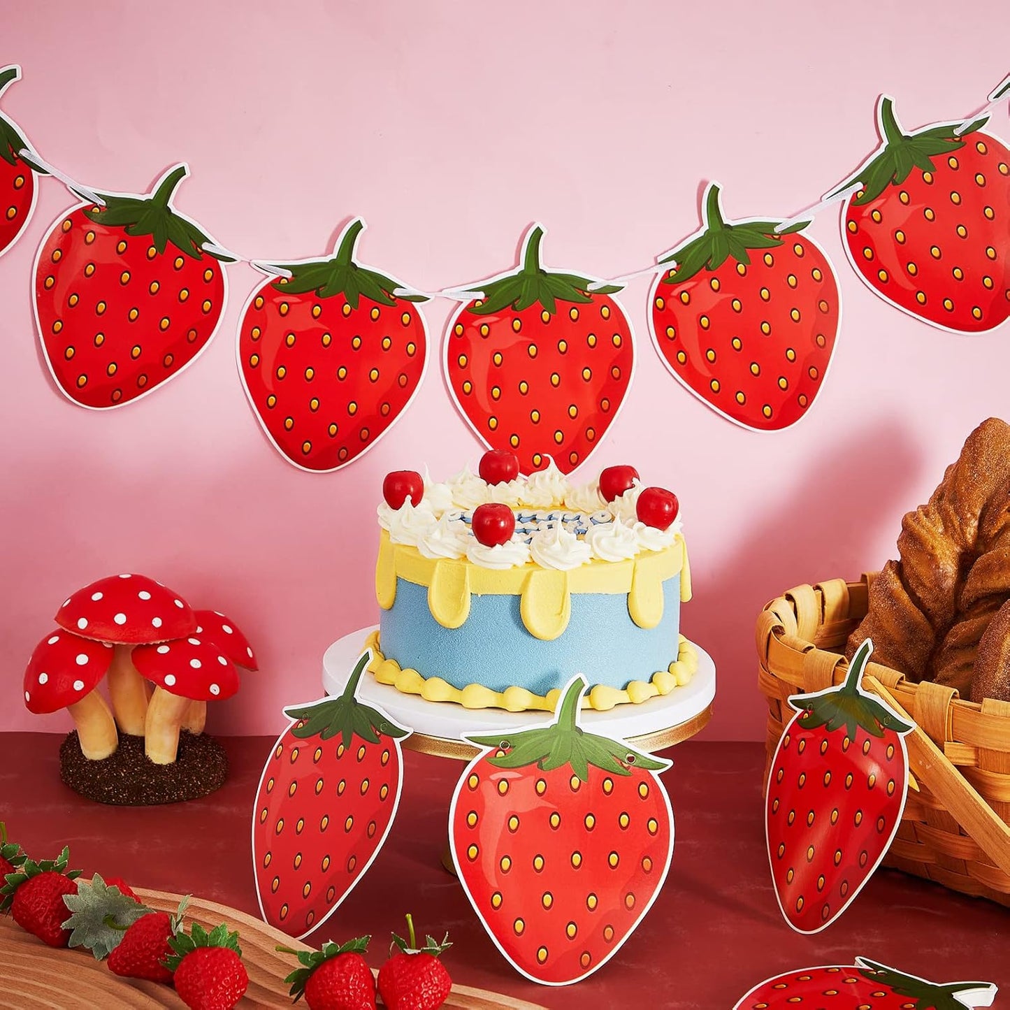 Lewtemi 4 Pcs Berry First Birthday Decor Strawberry Baby Shower Decorations Hanging Banner Berry Garland for Strawberry Themed Party Favors Supplies(Red)
