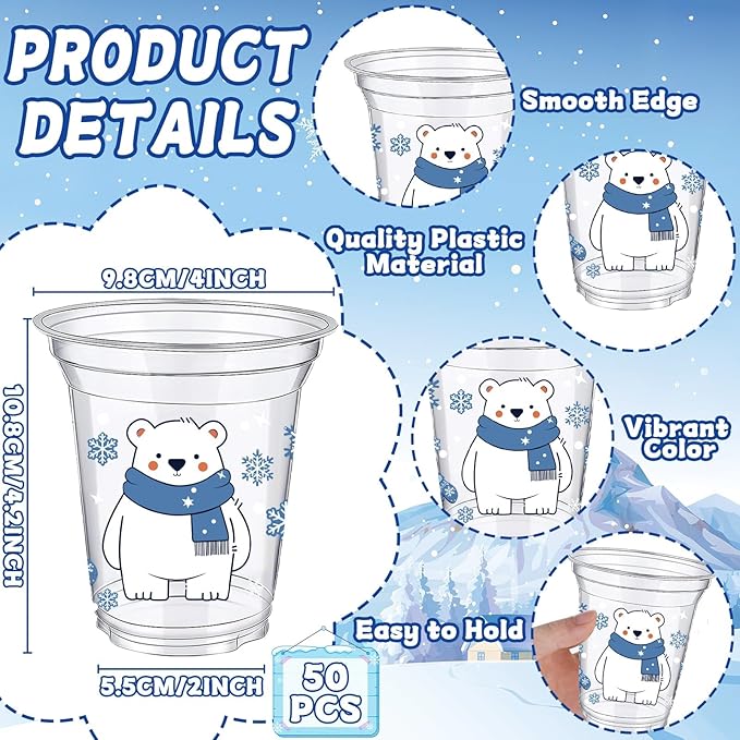 VDESFUEBY 50Pcs 12 OZ Polar Arctic Animals Winter Plastic Cups Winter Wonderland Party Decorations Christmas Holiday Decorations