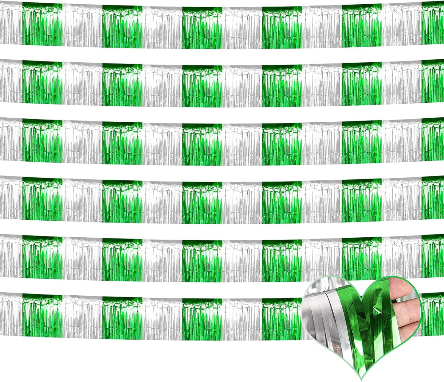 6 Pack 6 Feet Foil Fringe Garland Metallic Tassle Banner Wall Hanging Tinsel Streamers Backdrop for Parade Floats, Wedding, Birthday, Mardi Gras, St Patrick Day Party Decorations(Silver Green)