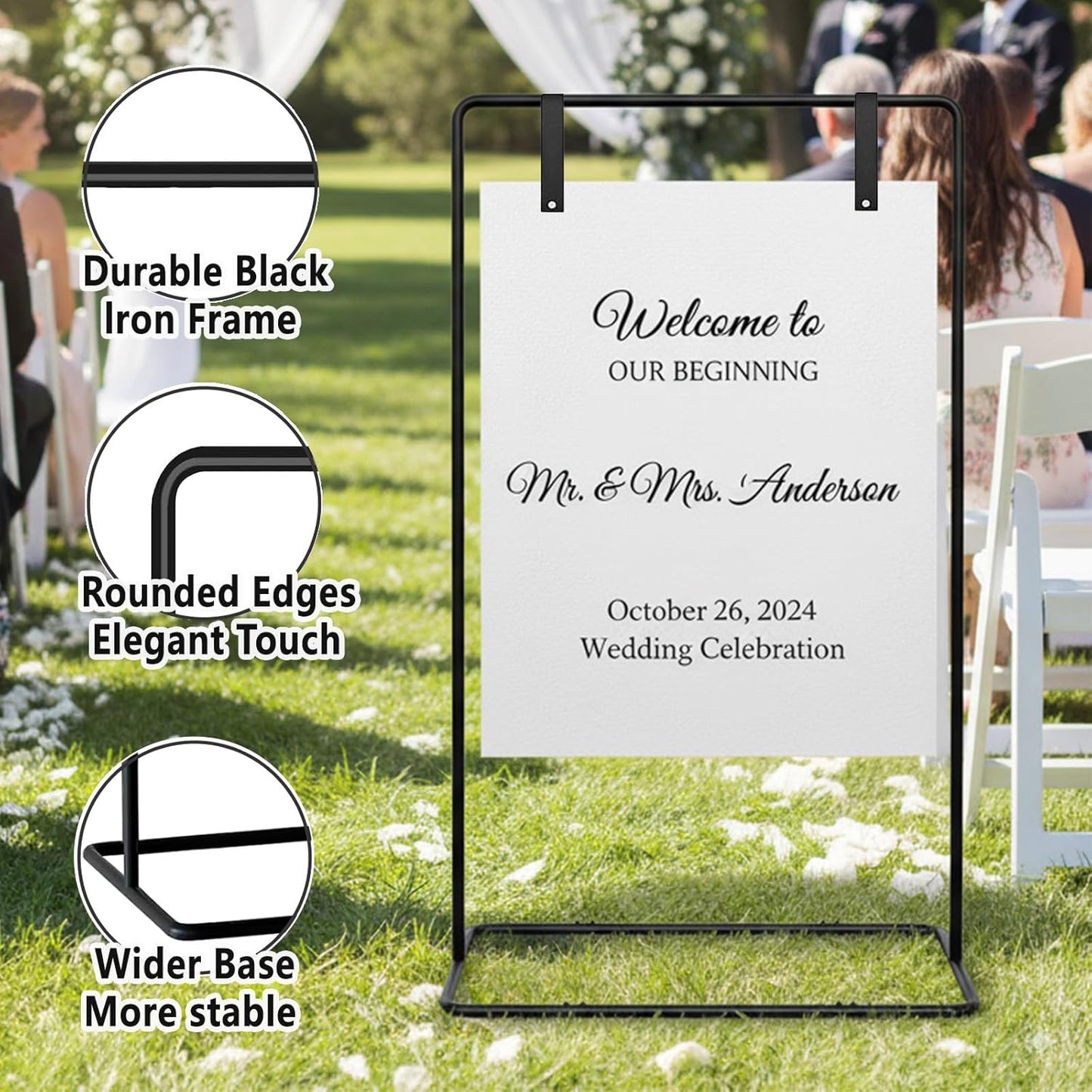 Wedding Sign Holder, Adjustable Welcome to Our Wedding Sign Stand with 4 Leather Sign Hanging Straps, Wedding Seating Chart Stand for Party, Baby Shower, Graduation Ceremony