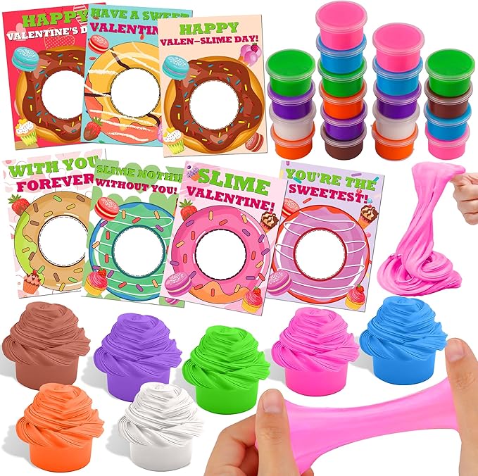 28 Pack Valentines Day Gifts for Kids Classroom, Butte Slime Kit Valentines Cards for Kids School Class Valentines Day Slime Fidget Toys Valentines Exchange Cards Valentines Party Favors Boys Girls