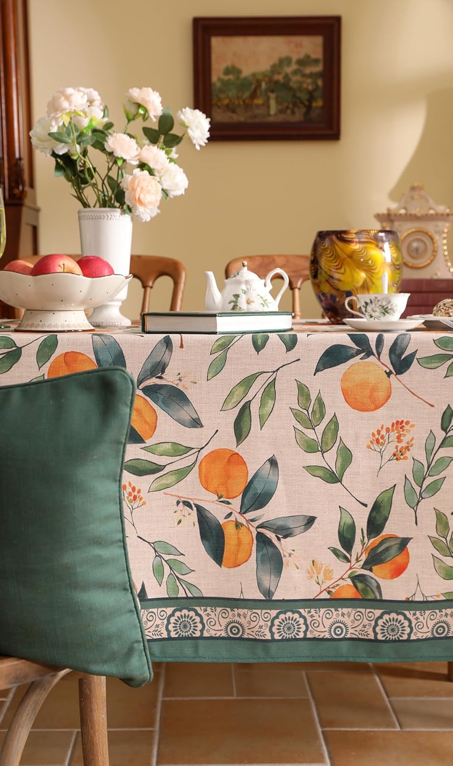 patdrea Designer Vintage Linen Long Rectangle Table Cloth,Framhouse Oranges and Leaves Pattern French Tablecloth,Fall Decor Cover for Kitchen Dining Christmas,Thanksgiving,63"x94"-Palladin a