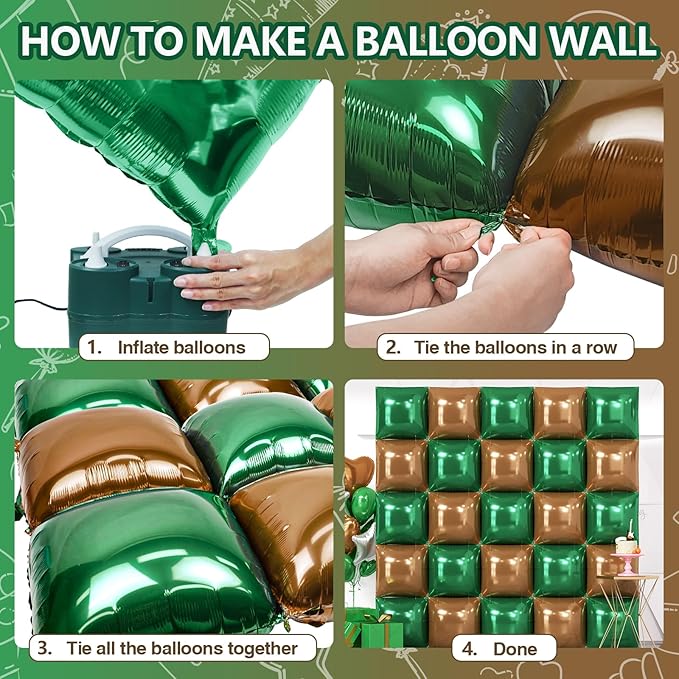 NISOCY 25PCS Dark Green and Brown Square Foll Baloons Wall Backdrop Double Sided Dark Green and Brown Balloons Arch Kit for Anniversary Birthday Thanksgiving Christmas Jungle Party Decorations