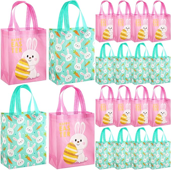Wovnet 30 Pcs Easter Gift Bags Pastel Colors Easter Bunny Goodie Treat Tote Bags with Handle Reusable Non Woven Rabbit Carrots Party Favor Pouch for Spring Party Supplies 10 x 8 x 4in