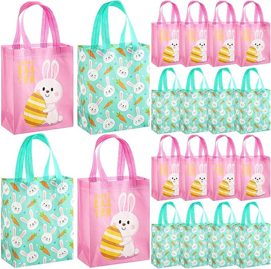 Wovnet 30 Pcs Easter Gift Bags Pastel Colors Easter Bunny Goodie Treat Tote Bags with Handle Reusable Non Woven Rabbit Carrots Party Favor Pouch for Spring Party Supplies 10 x 8 x 4in