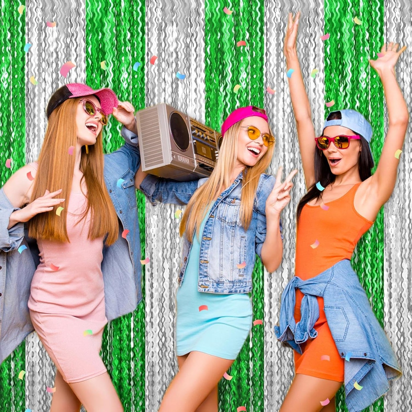 4 Pack Silver Green Fringe Curtain Backdrop 3.2Ft x 8.2Ft Metallic Tinsel Foil Fringe Streamers Background for Photo Booth Mother's Day, Easter, Carnival, Birthday, Wedding Party Decoration
