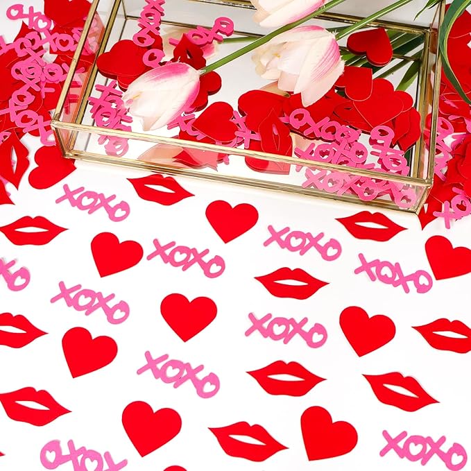 Hot Pink XOXO Letters with Red Lips & Hearts Confetti - 200-Piece Romantic Party Decor, Biodegradable Paper Mix for Valentine's Day, Wedding, Anniversary Table Scatter