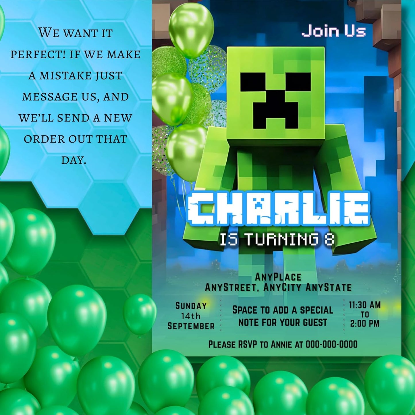 Fully Customizable minecraft Birthday Party Invitations, 4 x 6 inches, with Self-Sealing Envelopes, Gaming Theme Design, minecraft Birthday Invitations for Boys and Girls (Minecraft/CreeperBlue)