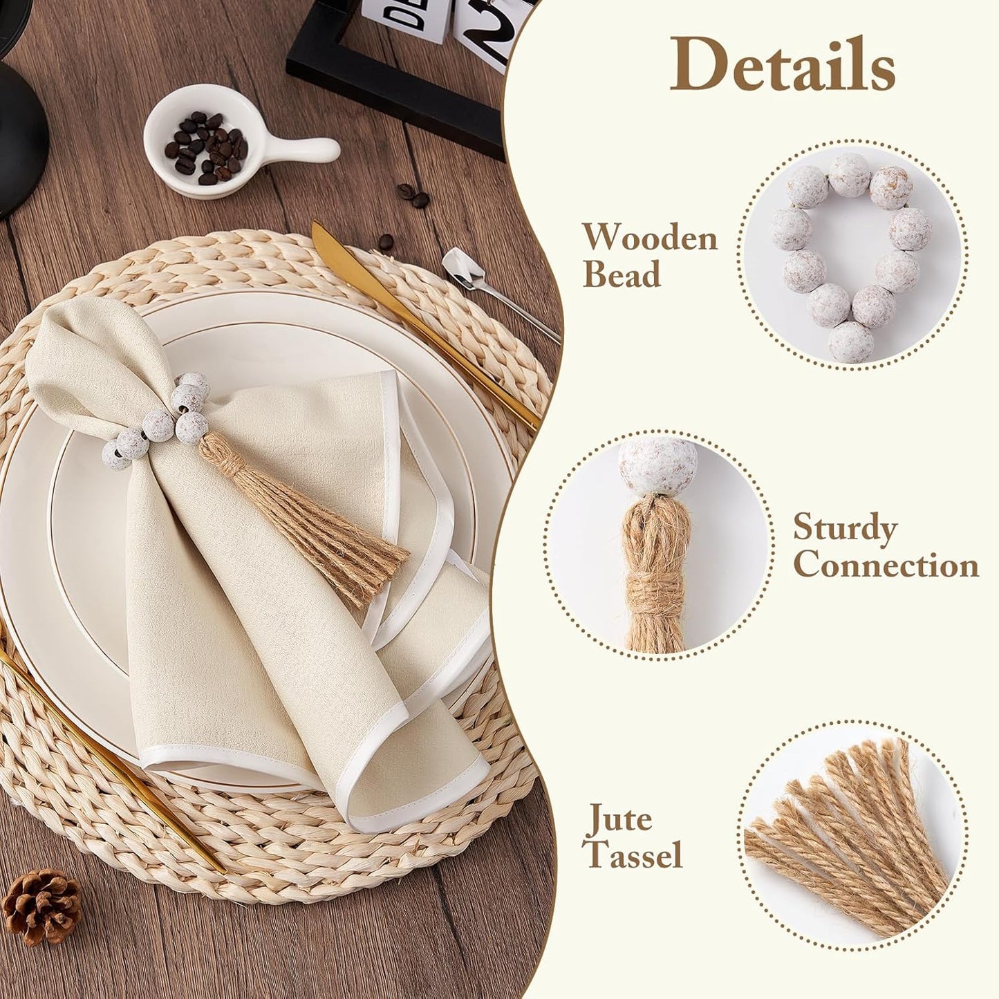 APTWOW Napkin Rings Set of 12, White Washed Wood Bead Napkins Rings, Wooden Napkin Rings for Table Decor, Farmhouse Napkins Rings for Boho Table Decor, Family Banquet, Wedding, Holiday Dinner Party