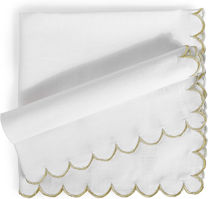 FINGERCRAFT Cloth Napkins, Everyday Use Scallop Design with Golden Zari, Premium Quality Natural Cotton Napkin Cloth Set of 6 Perfect for Parties Dinners Weddings Christmas 20x20 inch White