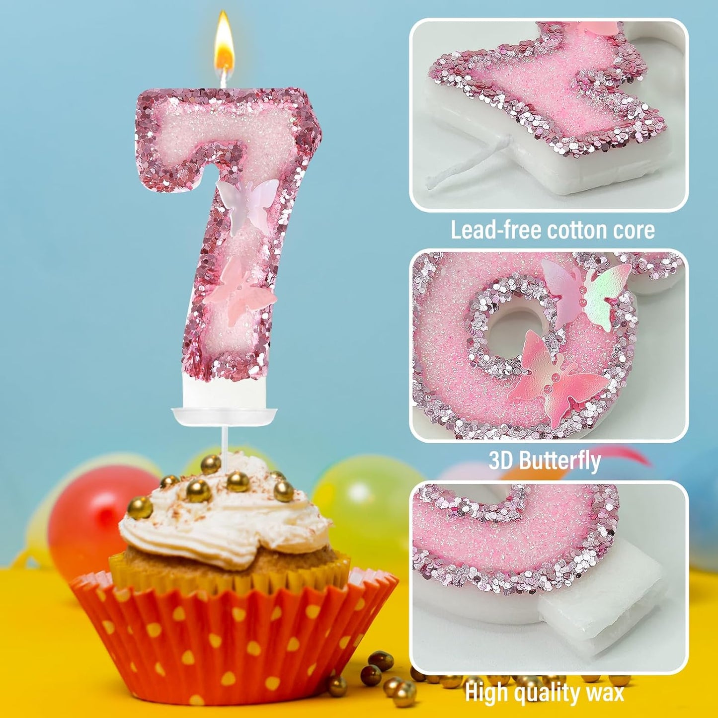 7th Birthday Candles，Glitter Butterfly Cake Toppers Pink Sequins Wedding Numeral Cupcake Decorations，Suitable for Girl and boy Wedding Cakes, Party Celebrations, Birthday Decorations