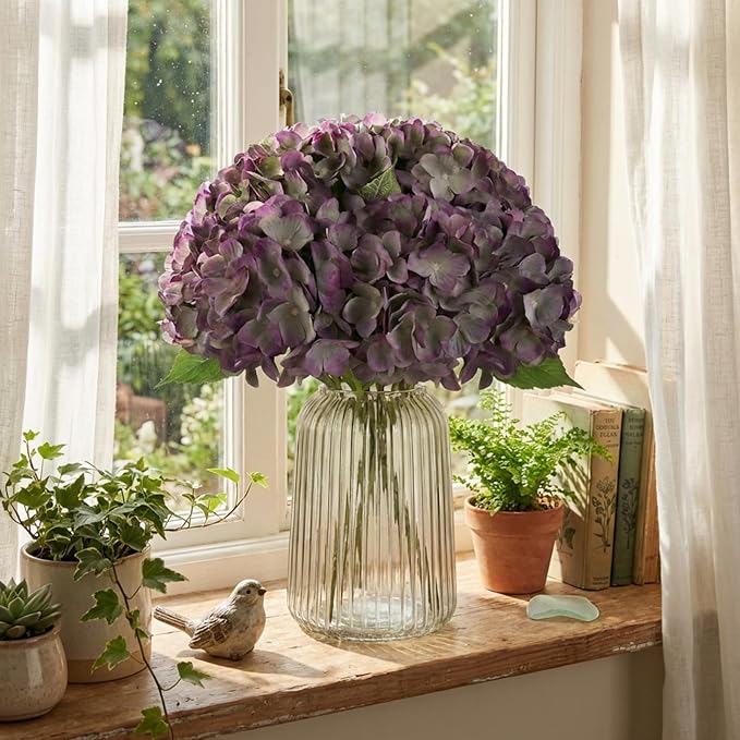 2Bouquets Artificial Fake Flowers Plants Silk Hydrangea Arrangements Wedding Bouquets Decorations Plastic Floral Home Kitchen Garden Party Festival Bar DIY (Grey Purple)