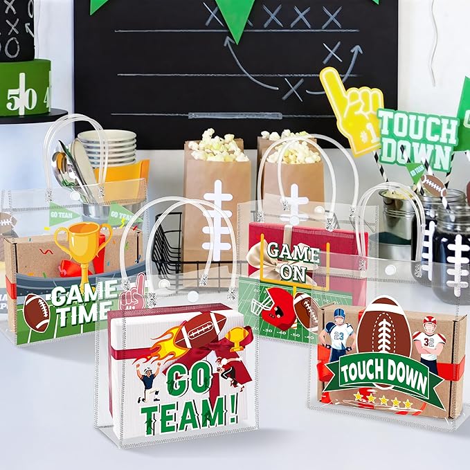 H1vojoxo Football Party Gift Bags - 24PCS Football Clear PVC Gift Bags with Handle Reusable Rugby Sports Goodie Bag for Boys Birthday Rugby Tote Bag for Snack Large Candy Treat Ball Themed Party Favor