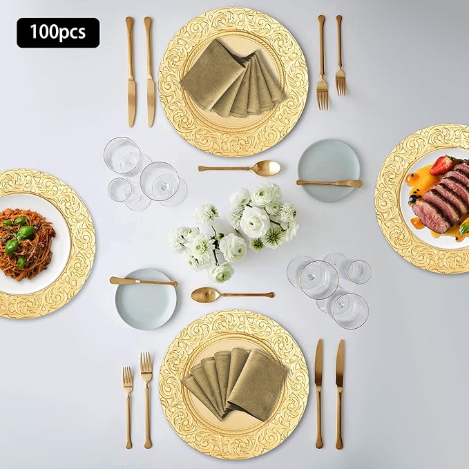 100 Pcs Gold Charger Plates Bulk, 13 Inch Antique Charger Plate Set Plastic Embossed Dinner Plate Reusable Plates for Table Setting Wedding Party (Gold)