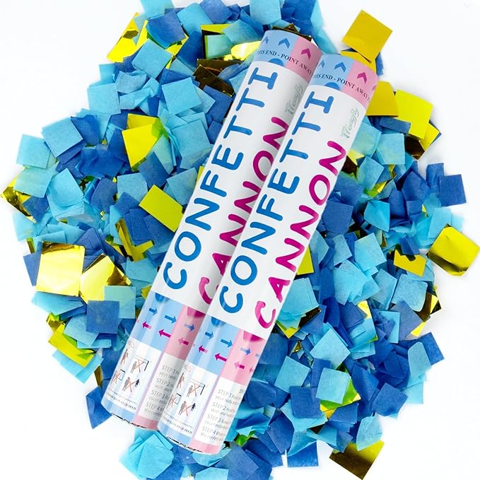 2 Pack Gender Reveal Confetti Cannon, 12 in Blue Square shaped Paper Party Poppers Cannons, Confetti Poppers For Baby Boy Girl Gender Reveal Baby Showers (Square, Blue)