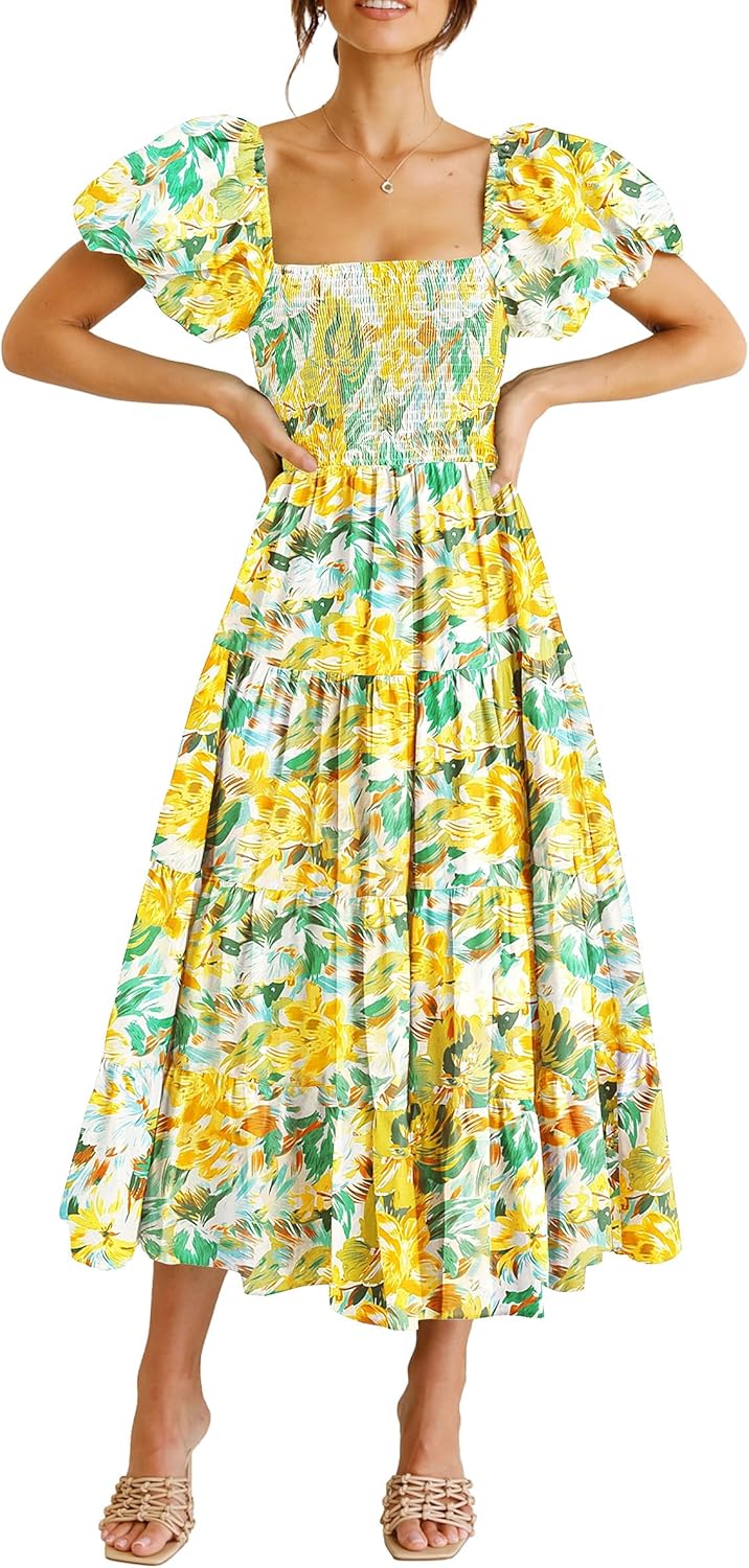 PRETTYGARDEN Women's Casual Summer Midi Dress Puffy Short Sleeve Square Neck Smocked Tiered Ruffle Dresses