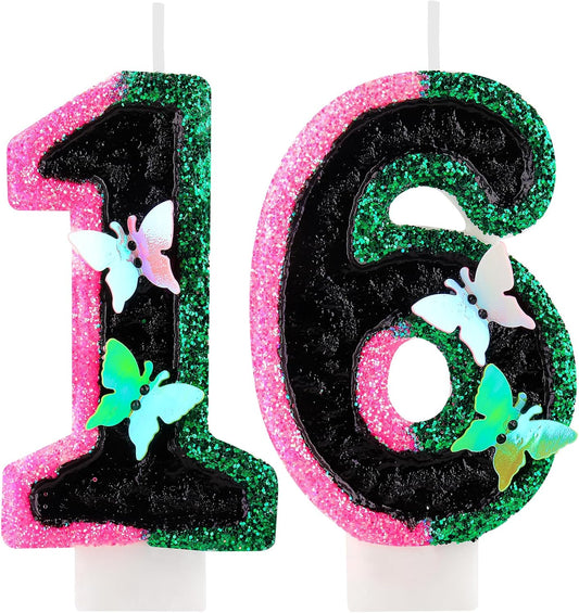 Birthday Number 16 Candles Pink Black and Green Butterfly Birthday Candles for Glitter Cake Topper with Sequins Decorations Girls Women Witch Theme Anniversary Celebrations Supplies
