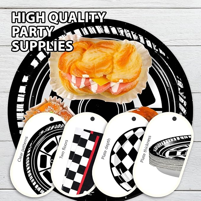 Grencian 200Pcs Race Car Birthday Party Decorations Race Car Plates and Napkins Disposable Black White Checkered Paper Tableware Set for Children Men Racing Themed Birthday Party Supplies Serve 24