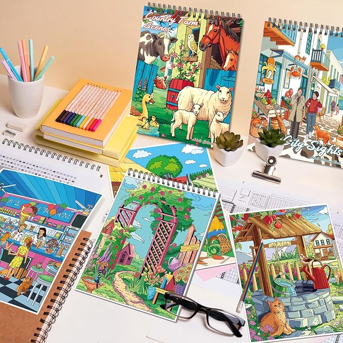 Kalysky Country Farm Adult Coloring Book Set - 3 Coloring Books for Adults Relaxation, Country Gardens, Farm & City Sights Themes | Stress Relief Coloring Book for Women