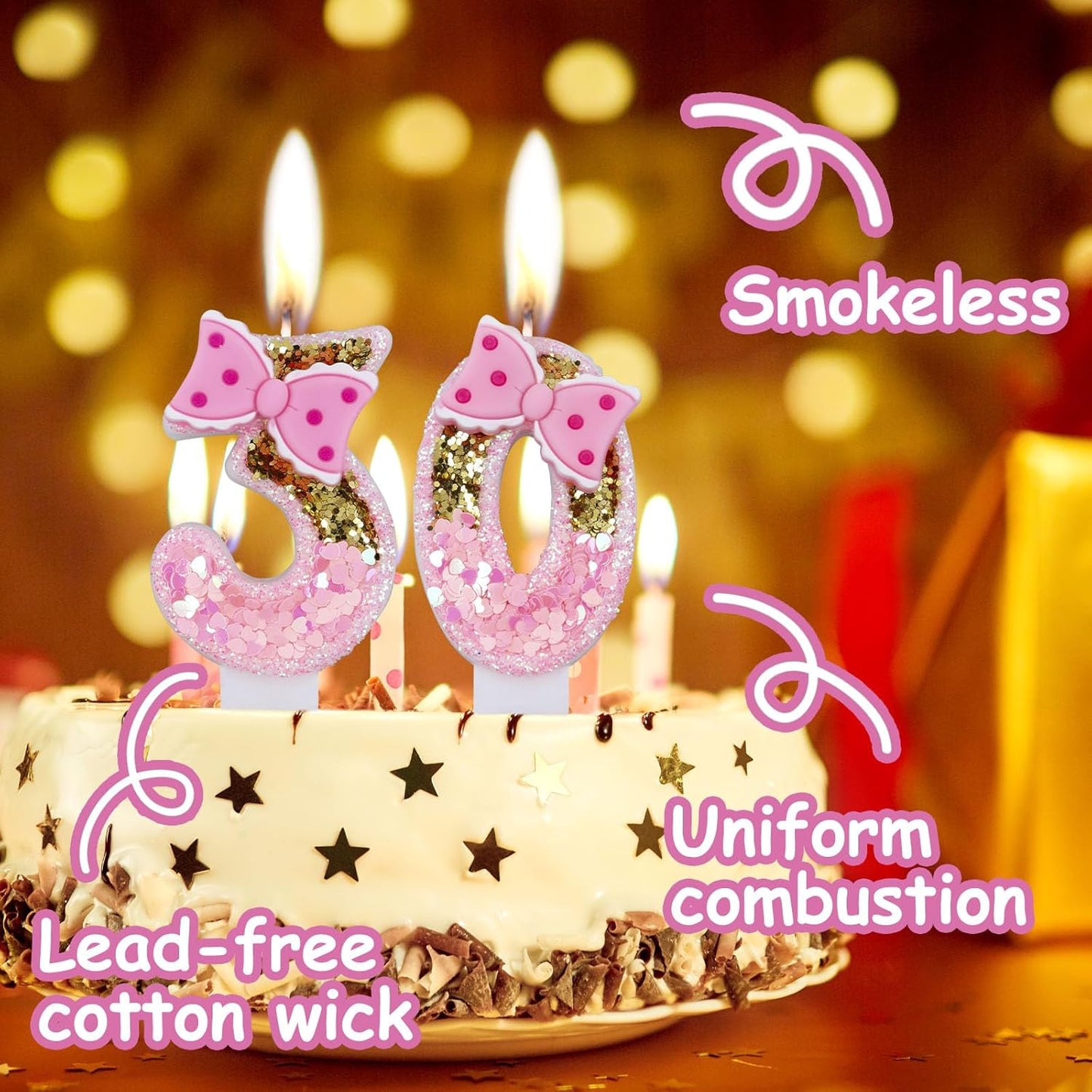 Pink 16th Birthday Candles with Gold Glitter Numbers and Bows - Perfect for Girls' Birthday Cakes