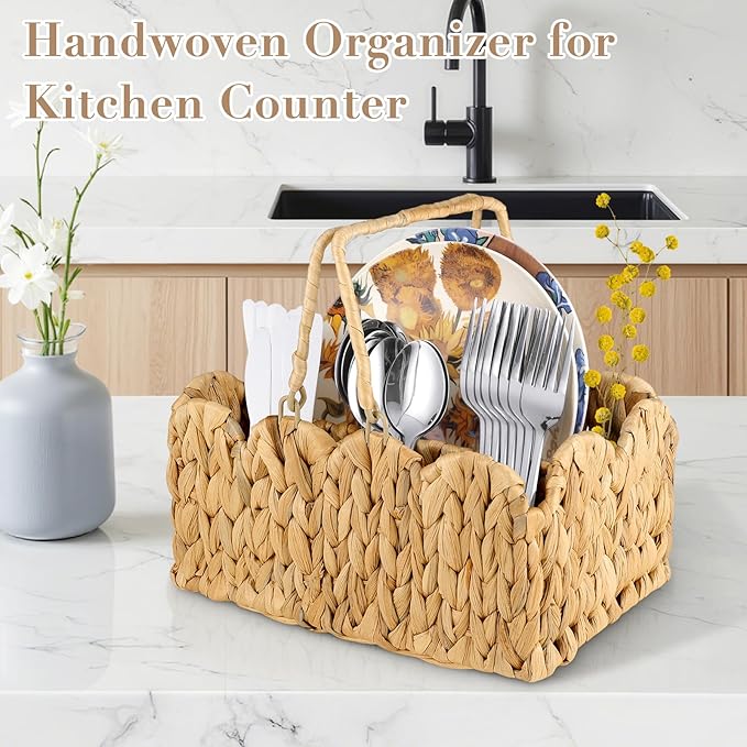 Wicker Utensil Caddy Basket, Utensil Holder for Party Flatware Silverware Holder Hand Woven Divided Cutlery Basket Water Hyacinth Kitchen Organizer Storage with Handle for Countertop