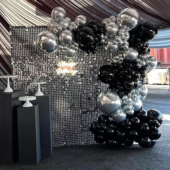 Black and Silver Balloons Arch Garland Kit, 134pcs Metallic Chrome Silver and Black Balloons with Different Size for Birthday, Graduation, Baby Shower, Disco New Years Party Party Decoration…