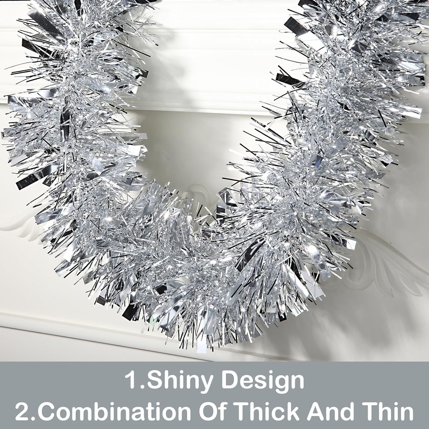 50FT Silver Christmas Tinsel Garland - Metallic Tinsel Garland for Christmas Tree Decoration, Xmas Tree Decor Home Indoor Outdoor Party Supplies