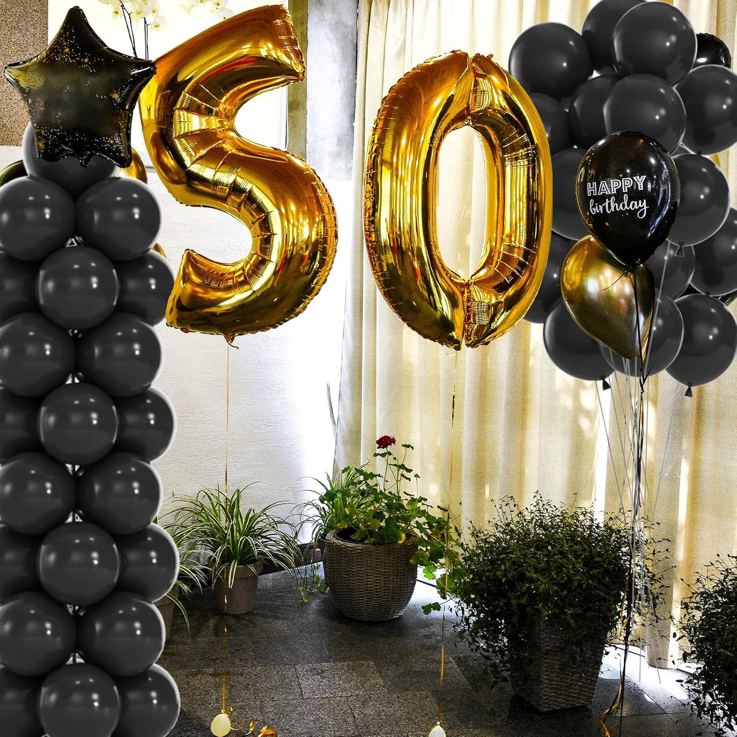 50pcs Black Balloons, 12inch Helium Quality Black Latex Balloons for Birthday Wedding Graduation Halloween Party Decorations (With Ribbon & Glue)