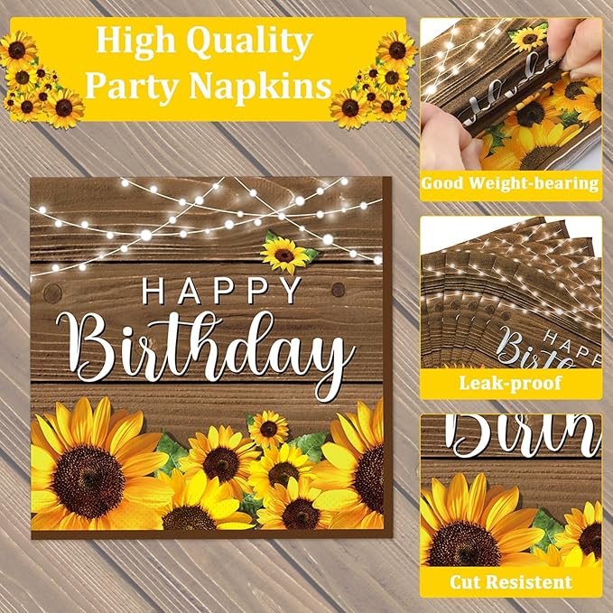 96Pcs Sunflower Birthday Party Supplies Sunflower Birthday Paper Plates Napkins Wood Grain Themed Party Decorations Wood Grain Dinnerware Party Favor Tableware Serves 24