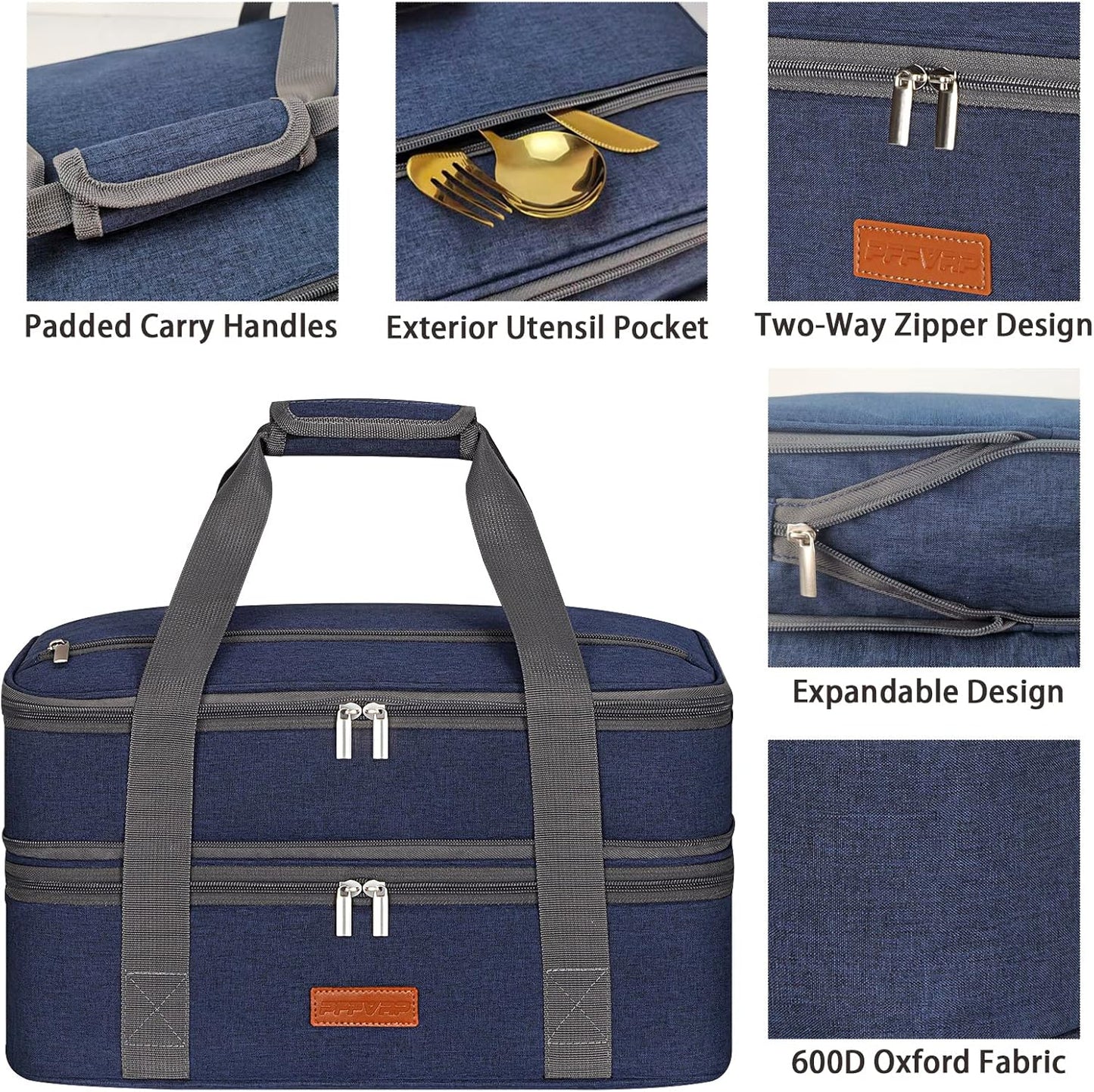 Double Decker Insulated Casserole Carrier for Hot or Cold Food, Expandable Food Carrier for Potluck Parties, Picnic, Cookouts, Fits 11 x 15 or 9 x 13 Lasagna Pan, Baking Dish（Blue）