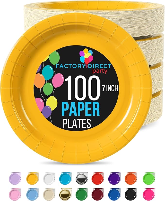 Exquisite Party Solids Yellow Paper Plates Disposable Heavy Duty 7 Inch Yellow Disposable Plates For Party 100 Pcs Heavy Duty 350 GSM, Birthday Supplies