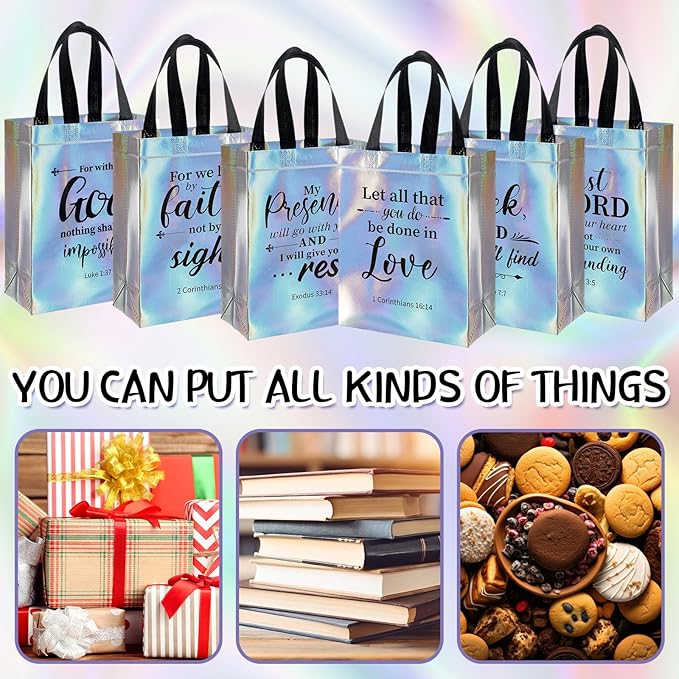 HunnmingRe 24 Pcs Religious Gift Bags Bulk, Non Woven Christian Bible Verse Gift Bags with Handle, Reusable Religious Iridescent Tote Bag for Easter Baptism Catholic Party Favors Gifts Wrapping