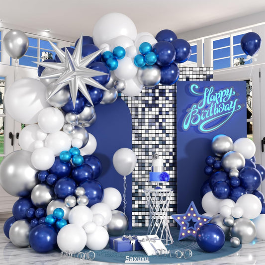 Blue and Silver Balloon Arch Kit, Blue Silver White Balloons Garland Kit, Star Foil Balloons Navy Metallic Blue Balloon For Graduation Birthday Anniversary Bachelorette Party Wedding Decoration